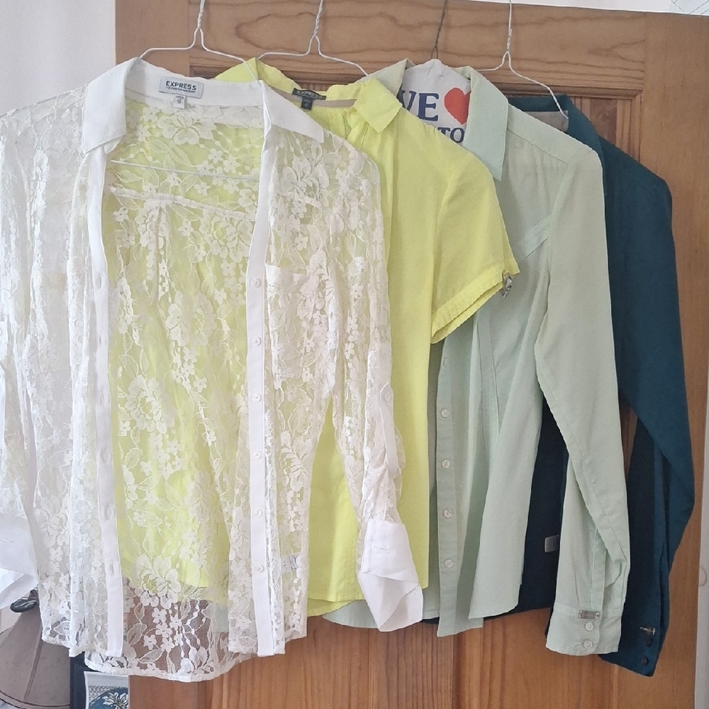 Express Women's Button Down Shirts - White, Yellow, Green